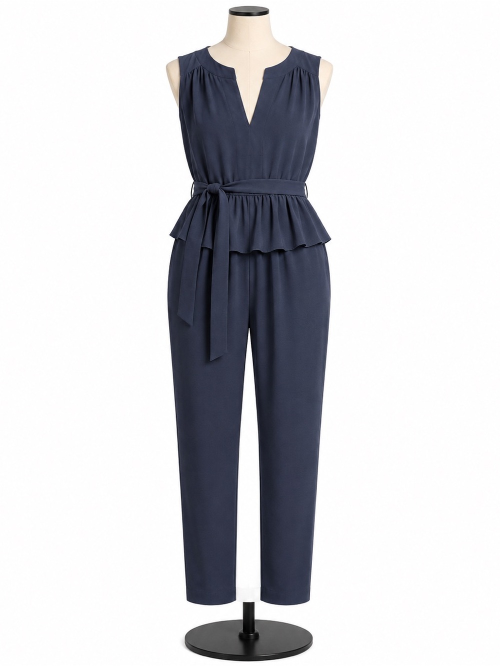 BCBGMaxAzria Navy Sleeveless Peplum Jumpsuit with Self-Tie Belt